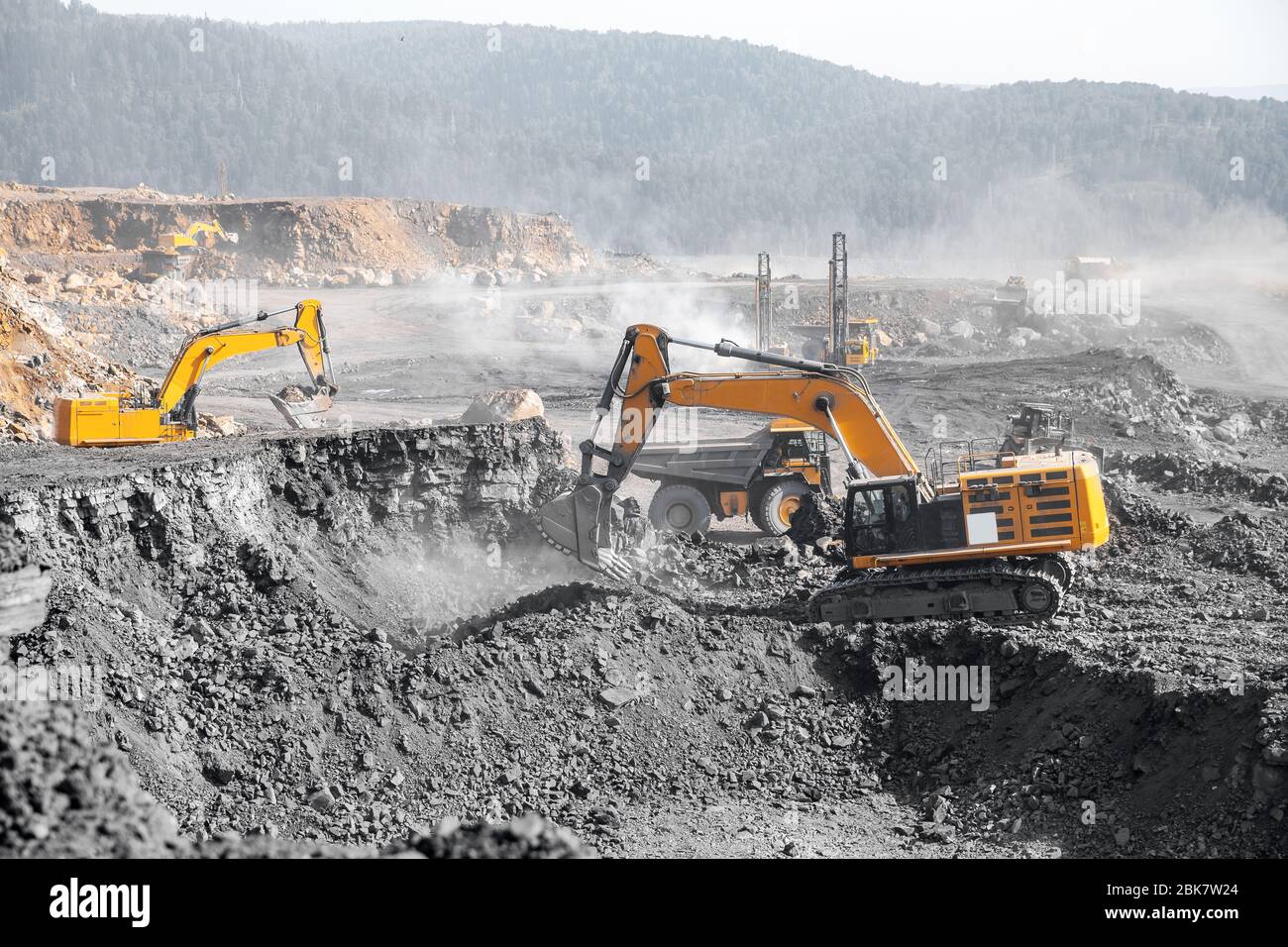 Open pit mine industry. Excavator work loading of coal into Yellow ...