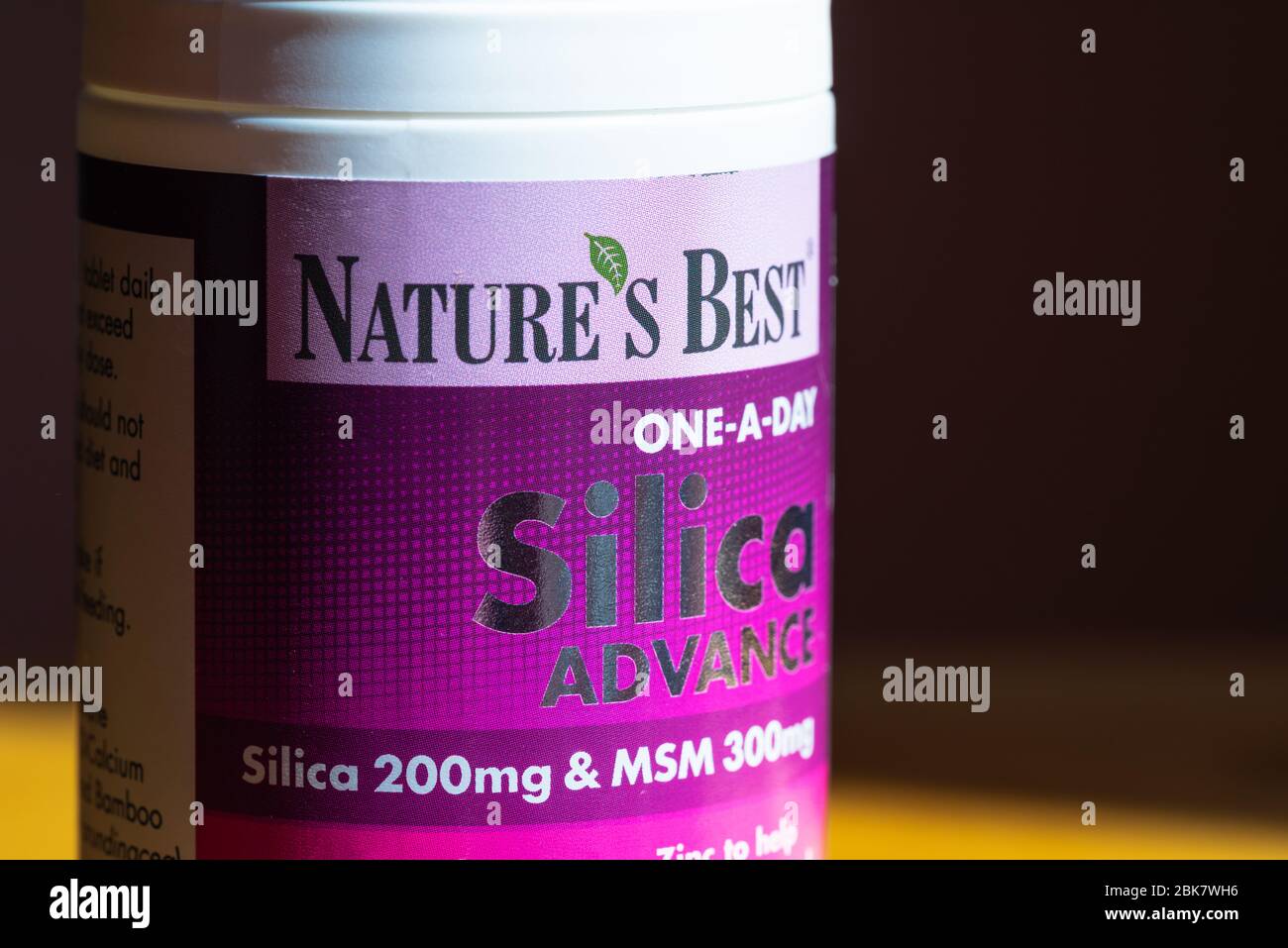 Close up of Natures Best one a day 200mg Silica food supplement in a pink tube Stock Photo