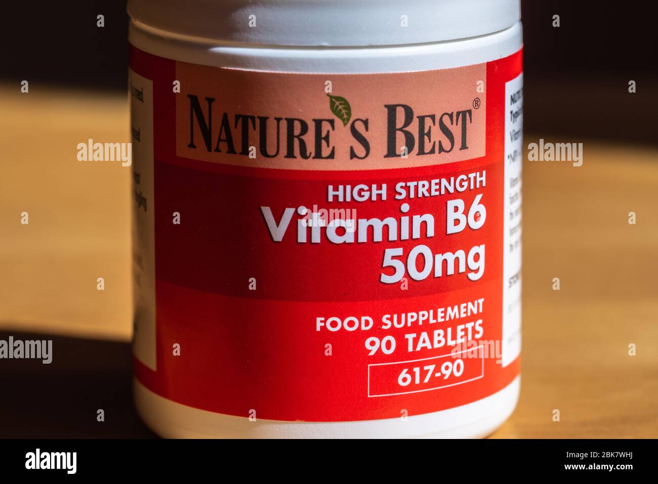 Close up of Natures Best High Strength Vitamin B6 50mg food supplement tablets in a red tube Stock Photo