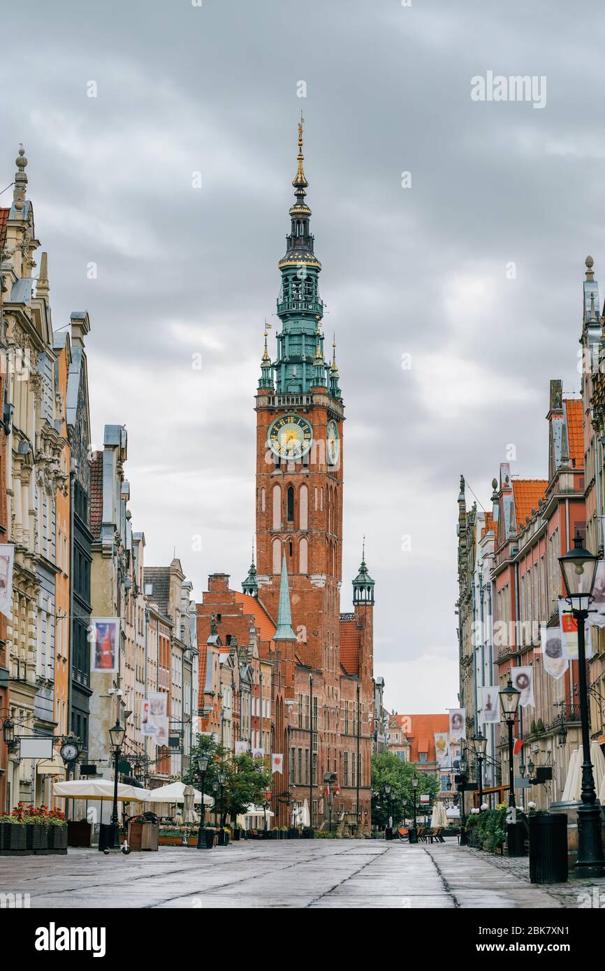 Main City Hall at empty Long Lane street in the old city, Poland. Stock Photo