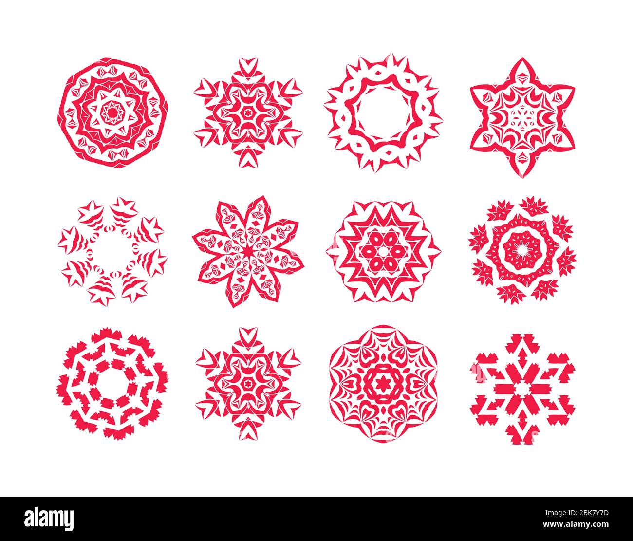 Collection of different red snowflakes. Winter abstract pattern Stock Vector