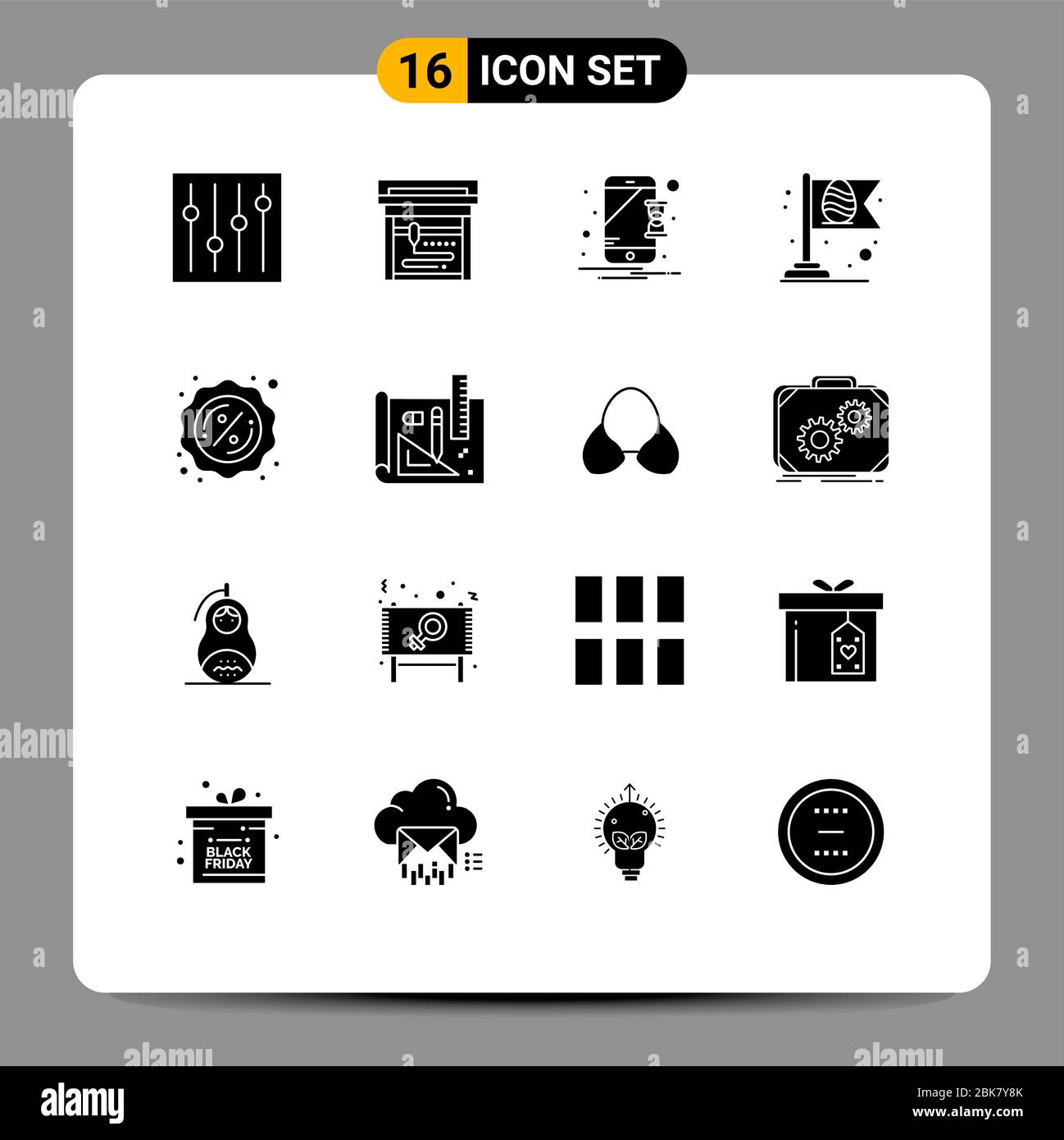 Set of 16 Modern UI Icons Symbols Signs for drawing, tag, notification, sales, flag Editable Vector Design Elements Stock Vector