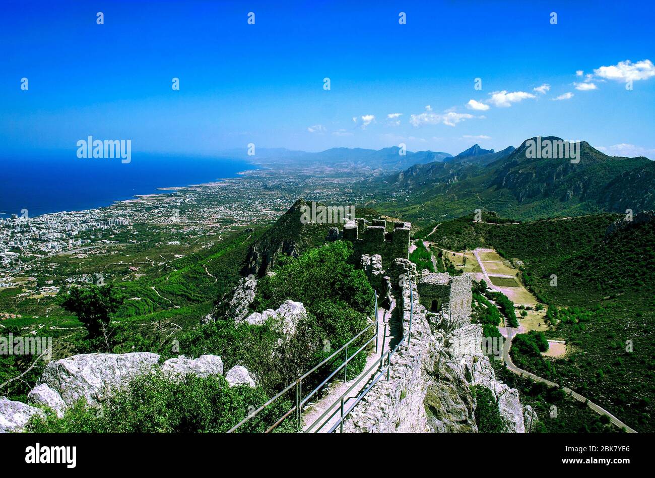 Landscape. View from the top of the mountain to the coastline of North Cyprus and the wall of the Castle of St. Hilarion. Cyprus, the castle of St. Hi Stock Photo