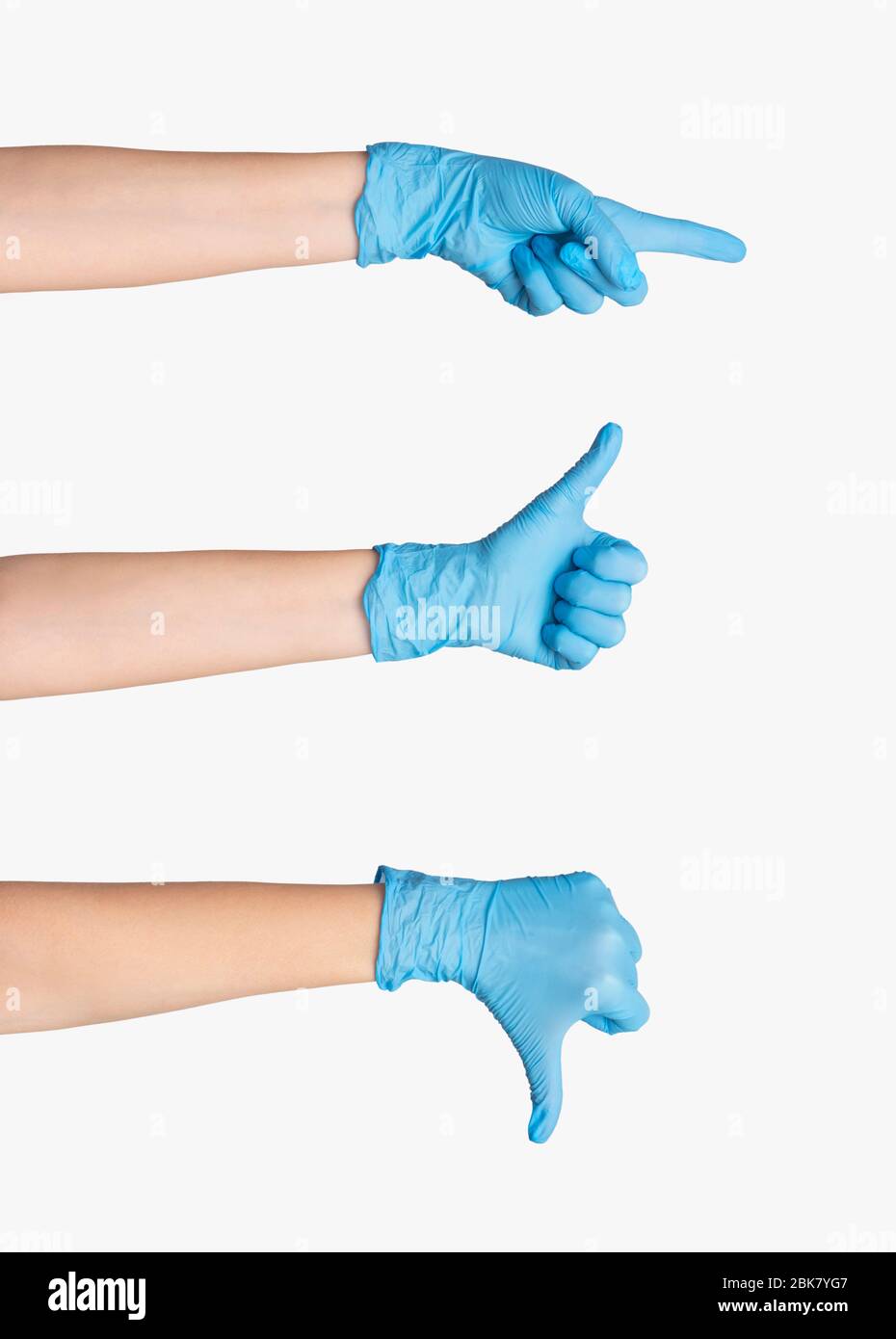 Collage with female hands in rubber gloves showing various gestures on white background Stock Photo