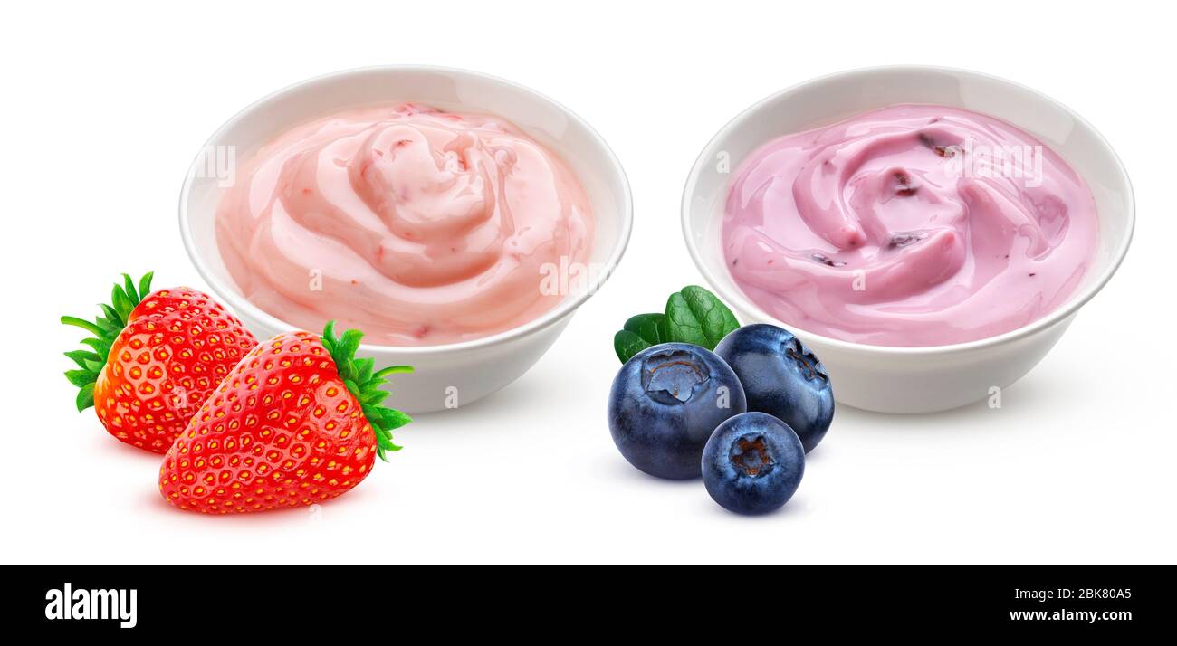 Blueberry and strawberry yogurt in bowl isolated on white background Stock Photo