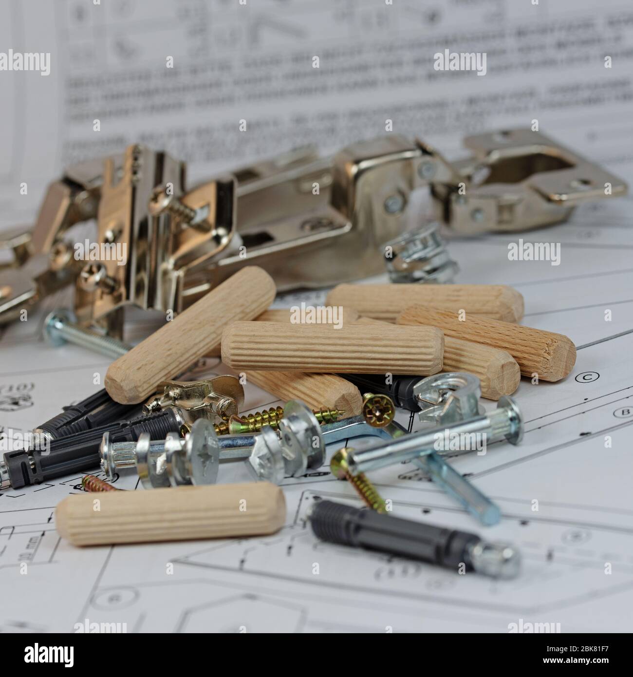 Various furniture fittings and assembly utensils in a closeup Stock Photo
