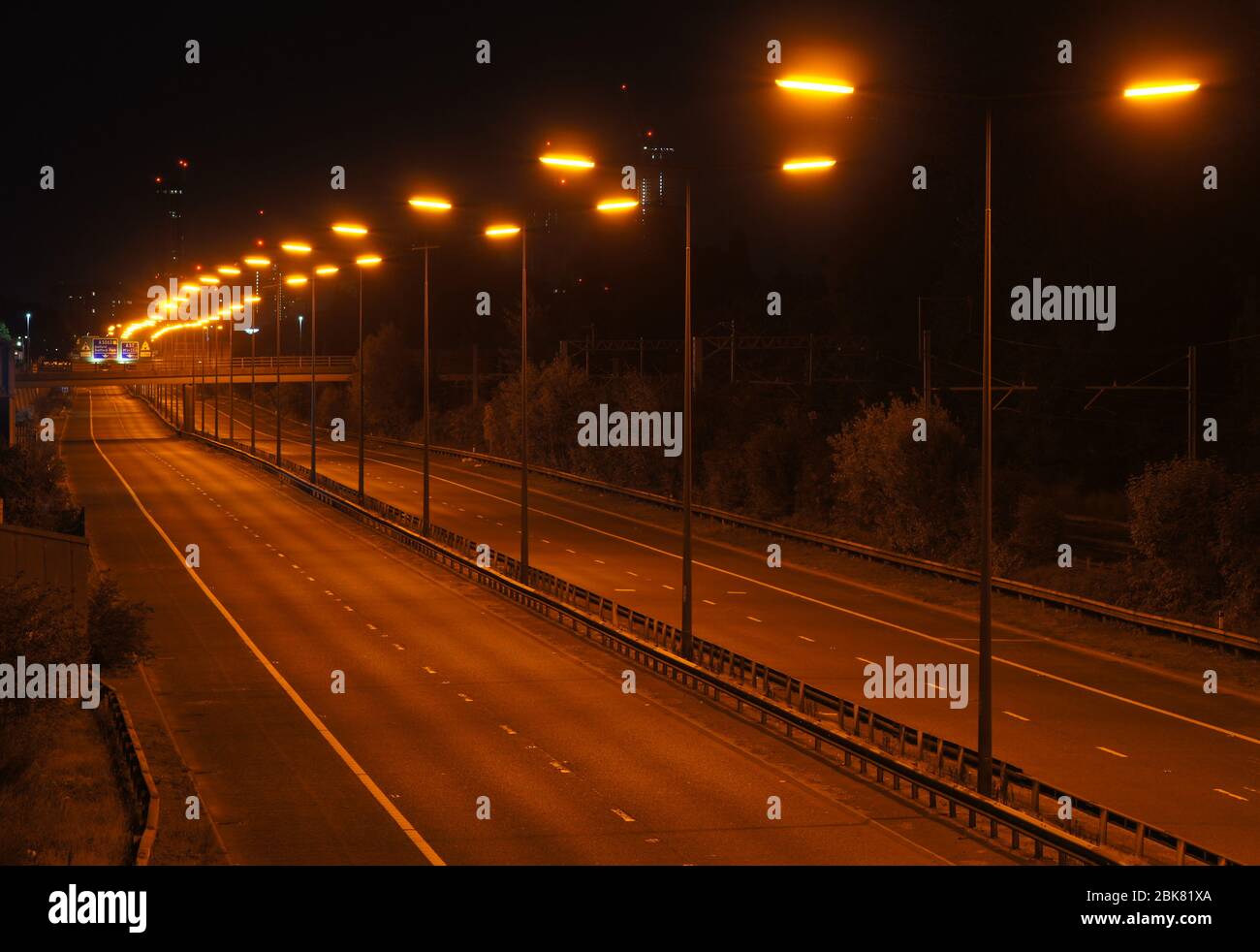 M602 Manchester empty road no traffic deserted isolation lockdown essential travel key worker motorway freeway highway dual carriageway Stock Photo