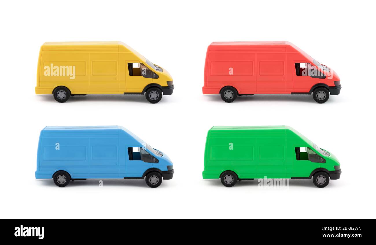 Group of colorful transport van cars on white background Stock Photo