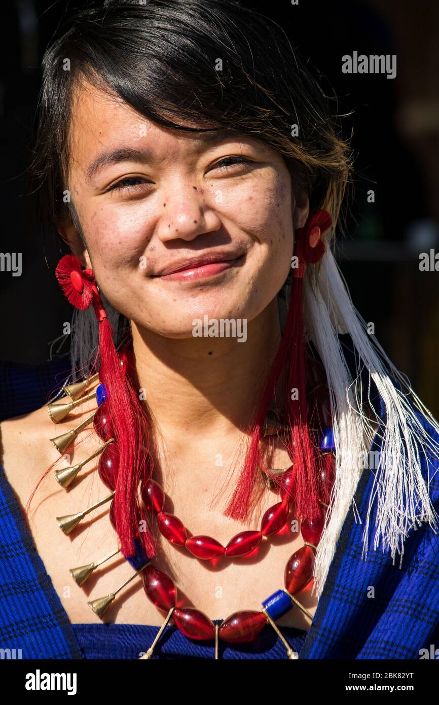 Naga woman in traditional clothing at Hornbill Festival Stock Photo