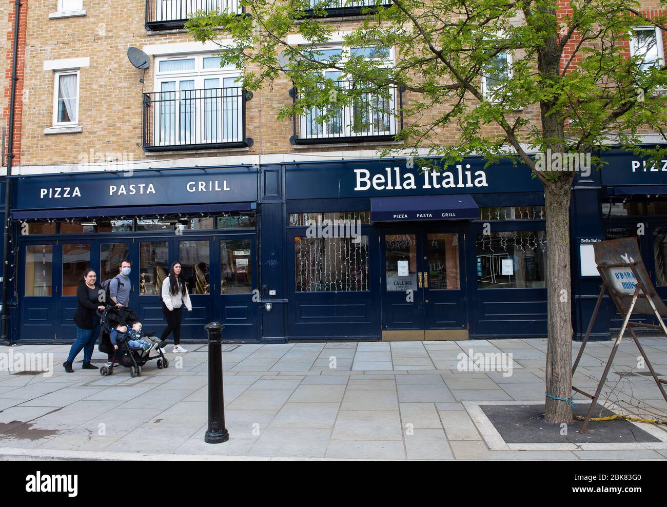 Uxbridge, Middlesex, UK. 2nd May, 2020. The Bella Italia Restaurant remains temporarily closed in Uxbridge as the town remained much quieter than a normal Saturday as shoppers were mainly just out for essential food shopping this Saturday during the Coronavirus Covid-19 Pandemic lockdown. Credit: Maureen McLean/Alamy Stock Photo