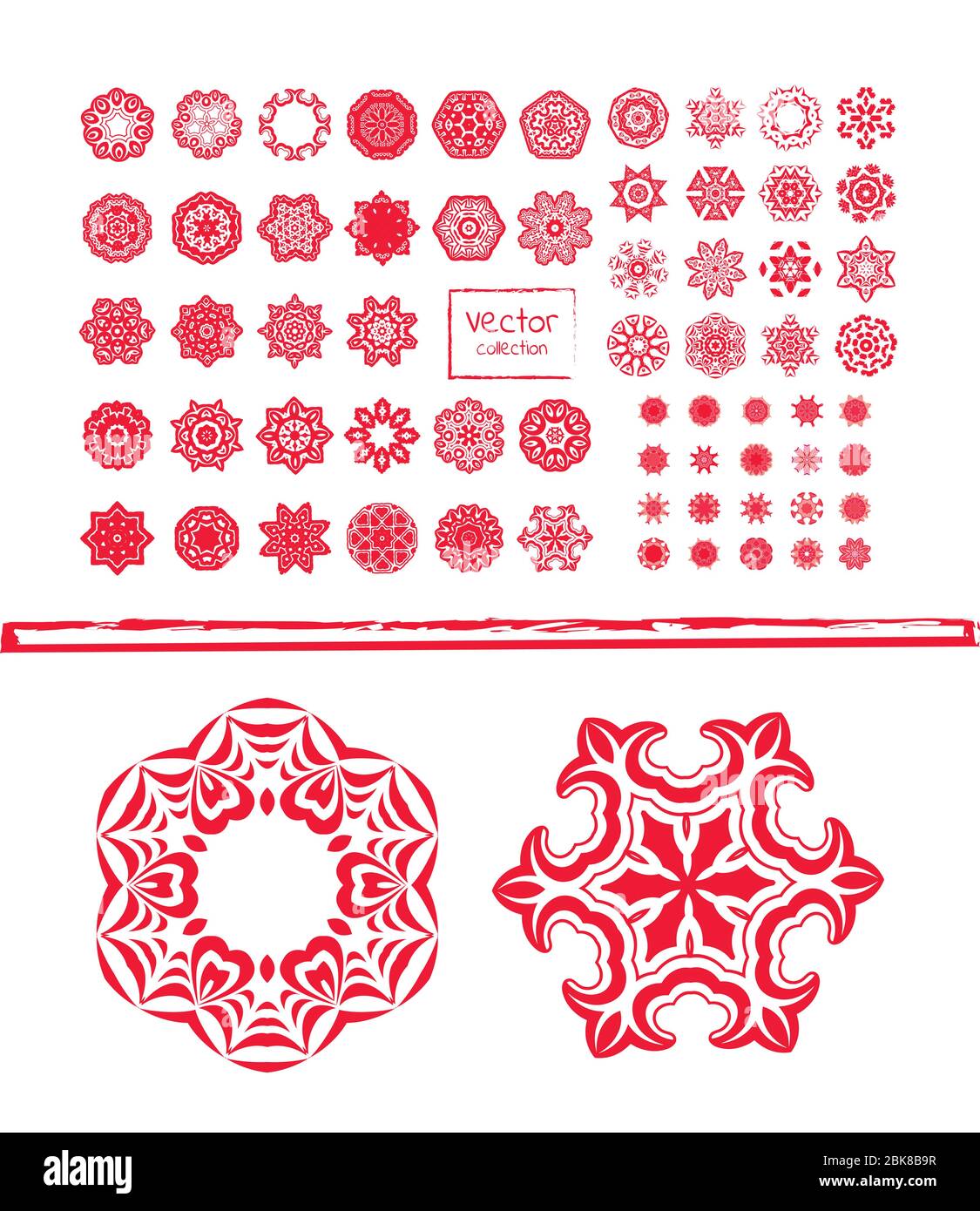 Collection of different red snowflakes. Winter abstract pattern Stock Vector