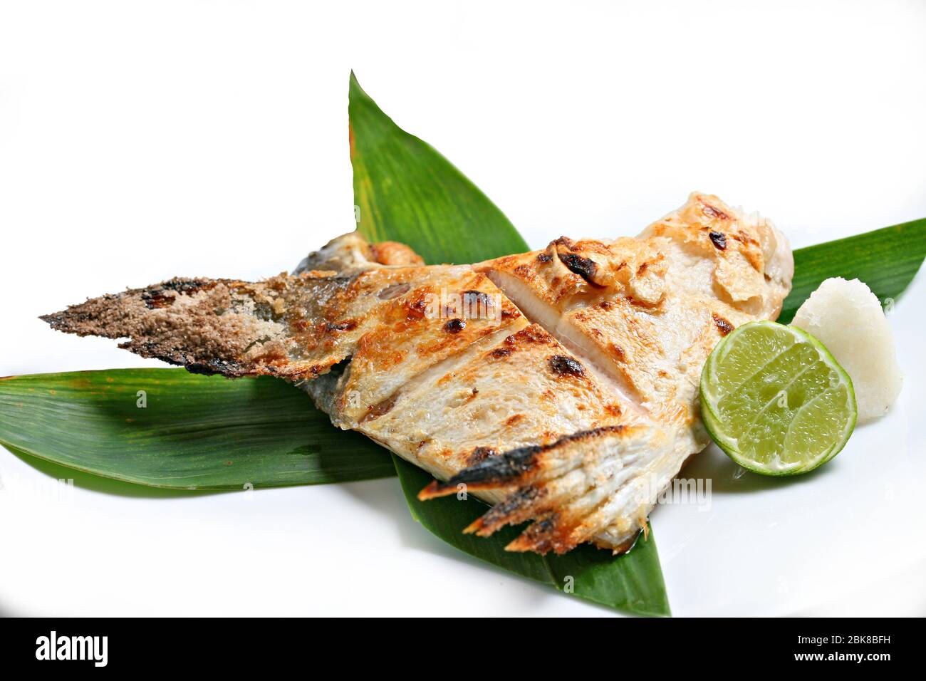 Charcoal Grilled Hamachi kama, Japanese Food Style served with lemon in