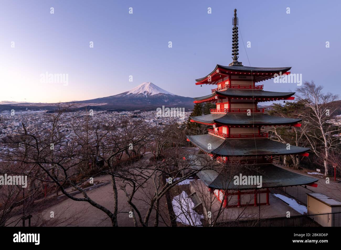 Chureito Pagoda at Sunrise with Mt Fuji Stock Photo