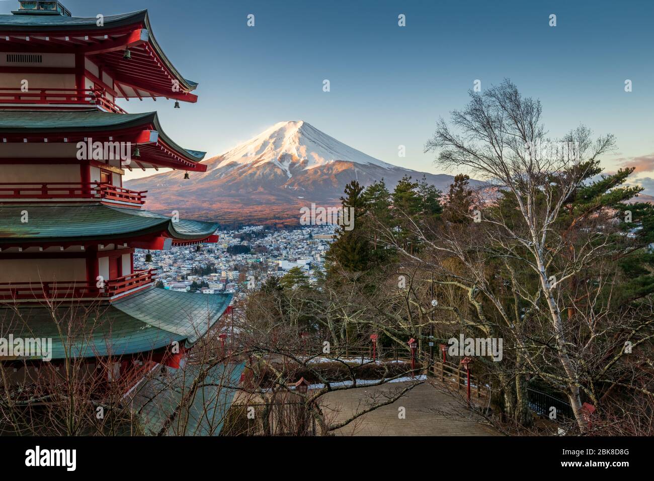 Chureito Pagoda at Sunrise with Mt Fuji Stock Photo
