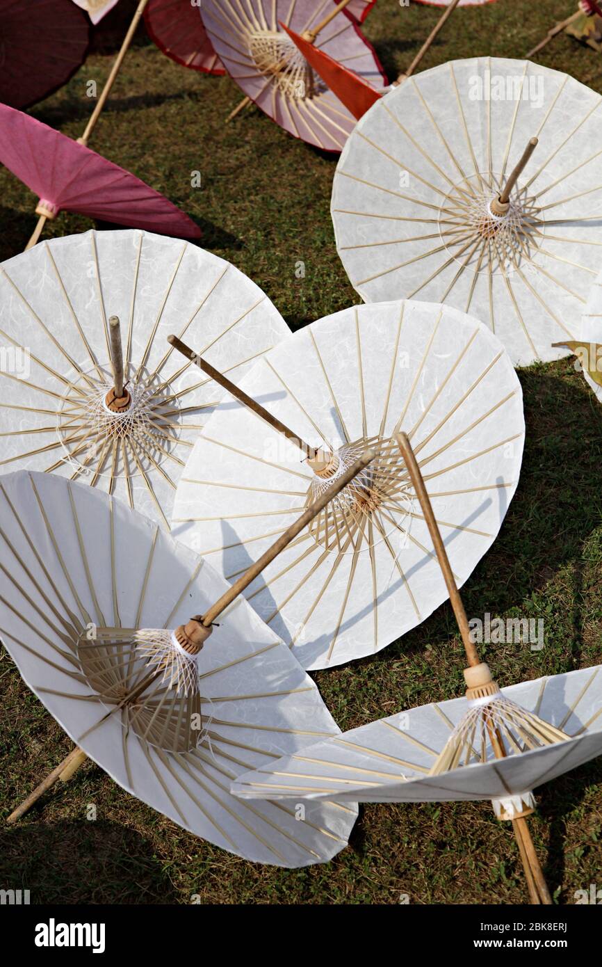 Handmade paper umbrella in borsang handicrafts center San Kamphaeng district, Chiang Mai, Thailand Stock Photo