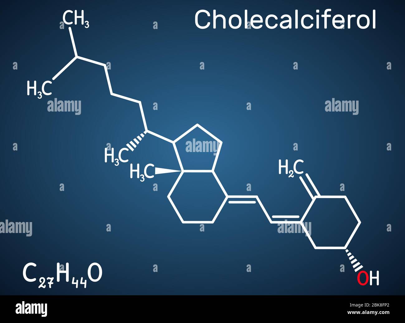 Cholecalciferol, colecalciferol, vitamin D3, C27H44O molecule. Structural chemical formula on the dark blue background. Vector illustration Stock Vector