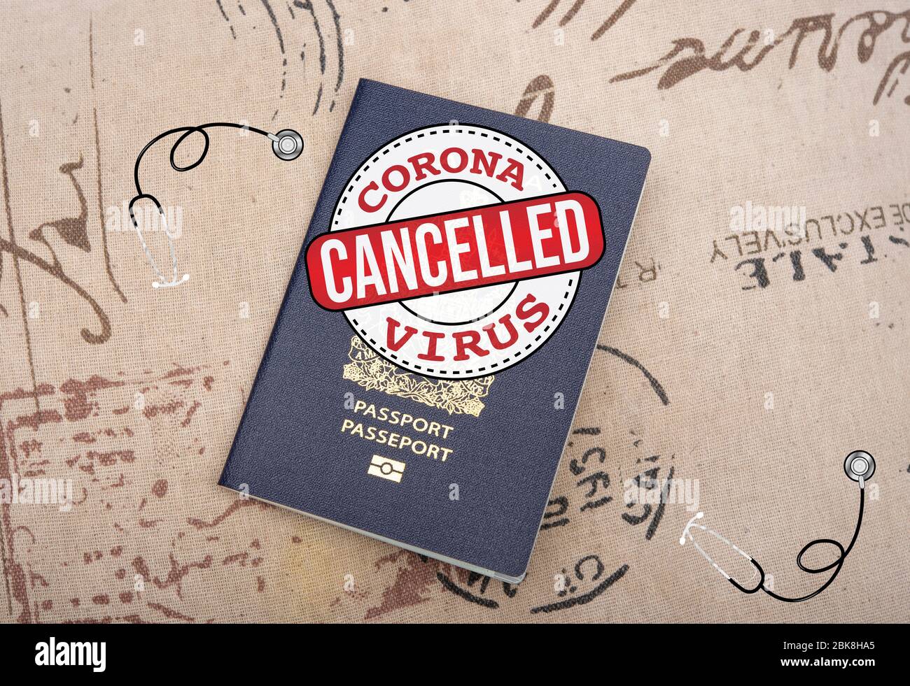 Travel plan cancelled due to corona virus pandemic showed on passport  Stock Photo