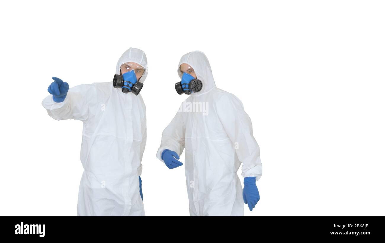 Disinfection team is called to help on white background. Stock Photo