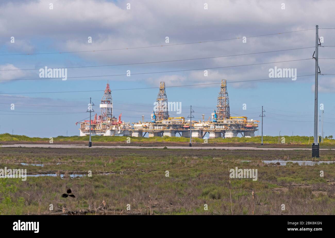 Offshore Oil Drilling Rigs in Drydock near Port Aransas, Texas Stock Photo
