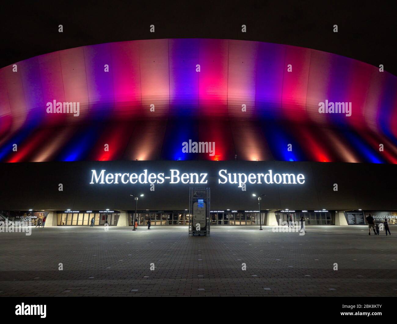 New Orleans, Louisiana, USA - 2020: Front view of the Mercedes-Benz Superdome stadium at night during a match. Stock Photo
