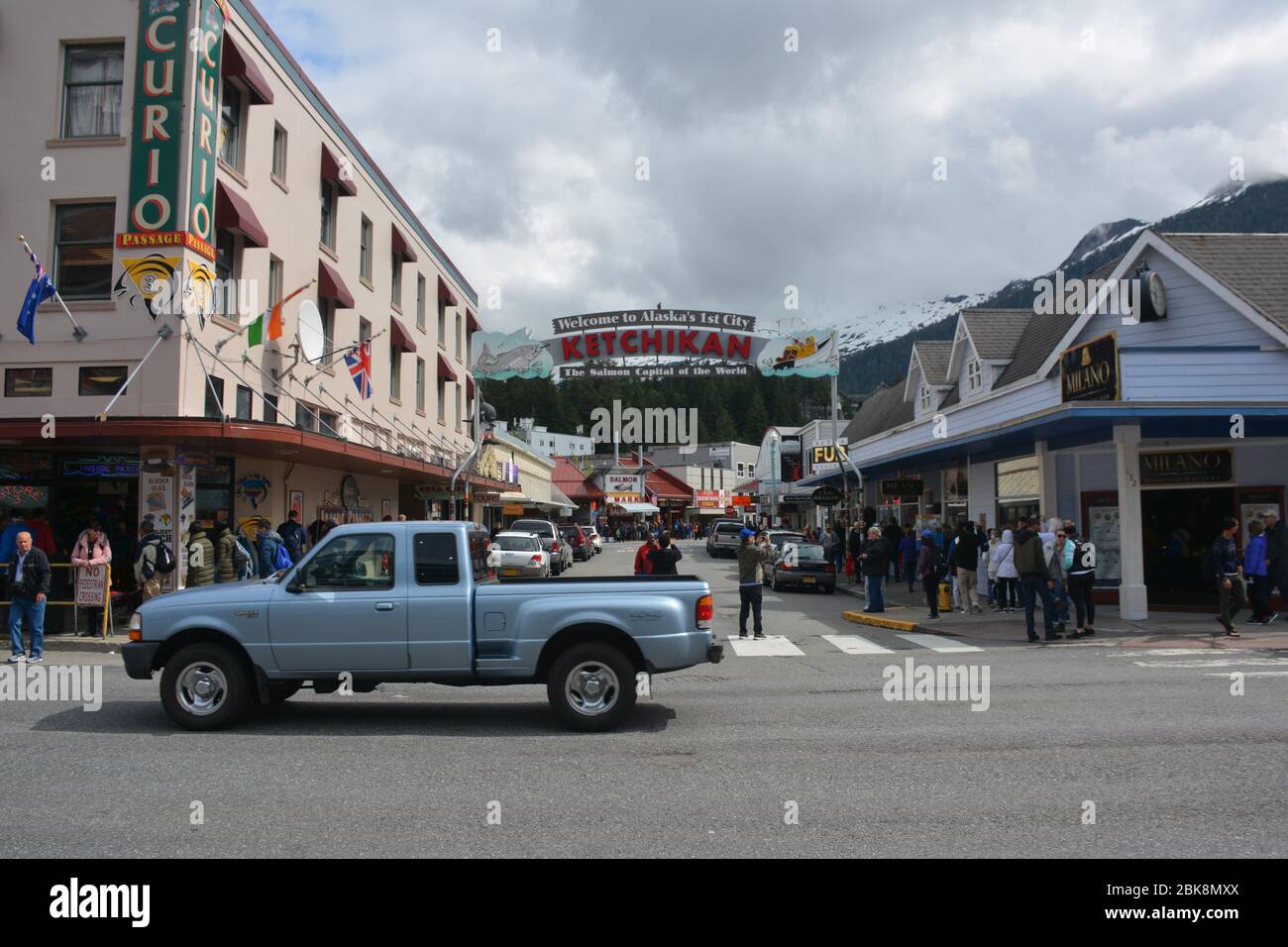 Tourists in the downtown/waterfront area of the historic town of