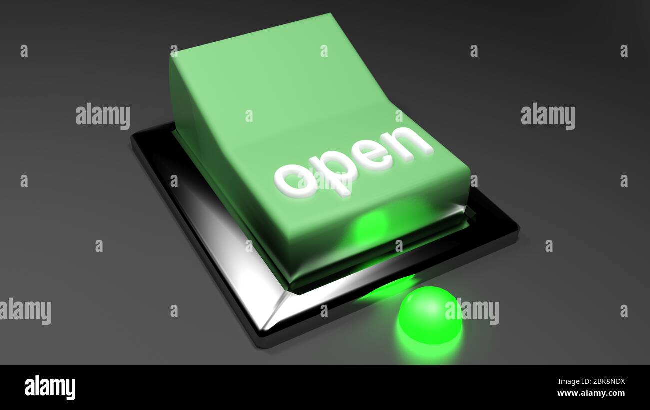 Green switch OPEN with green led on on black desk 3D rendering