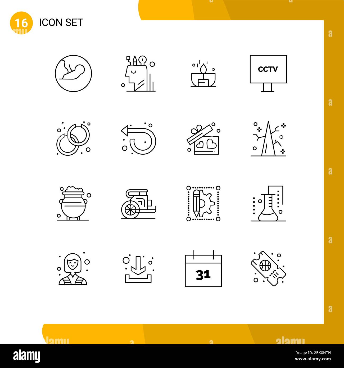 Universal Icon Symbols Group of 16 Modern Outlines of surveillance, cctv, stationary, camera, lighter Editable Vector Design Elements Stock Vector