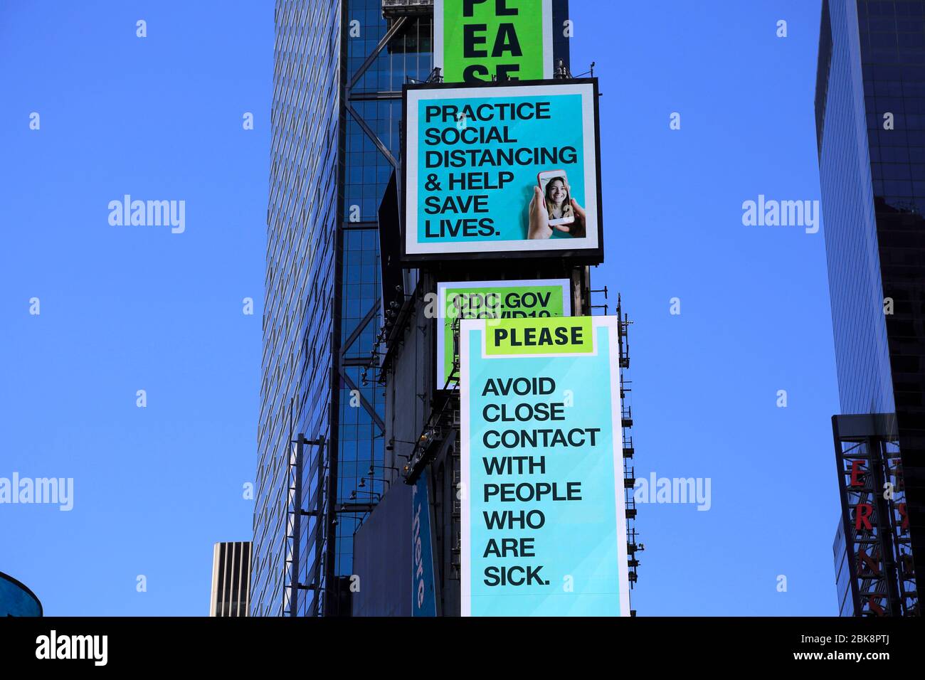CDC billboard in the center of Times Square New York City displaying coronavirus prevention tips May 1, 2020 Stock Photo