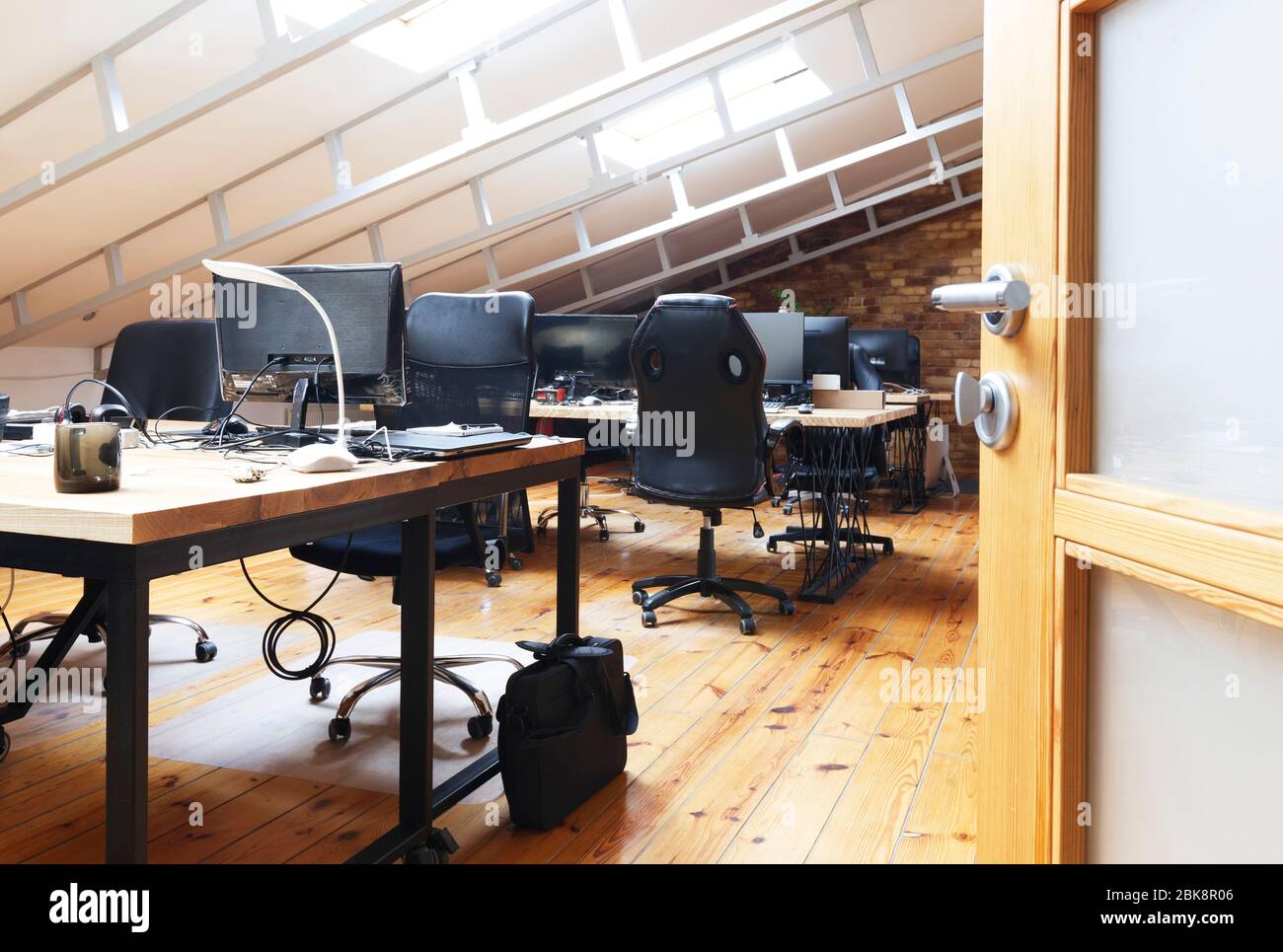Empty interior office. Tables with computers and chairs Stock Photo