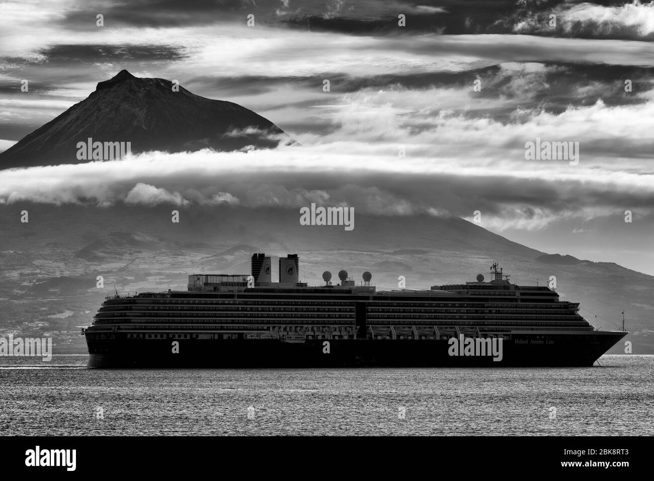 Pico Island Volcanoe & cruise ship, Horta, Faial Island, Azores, Portugal, Europe Stock Photo