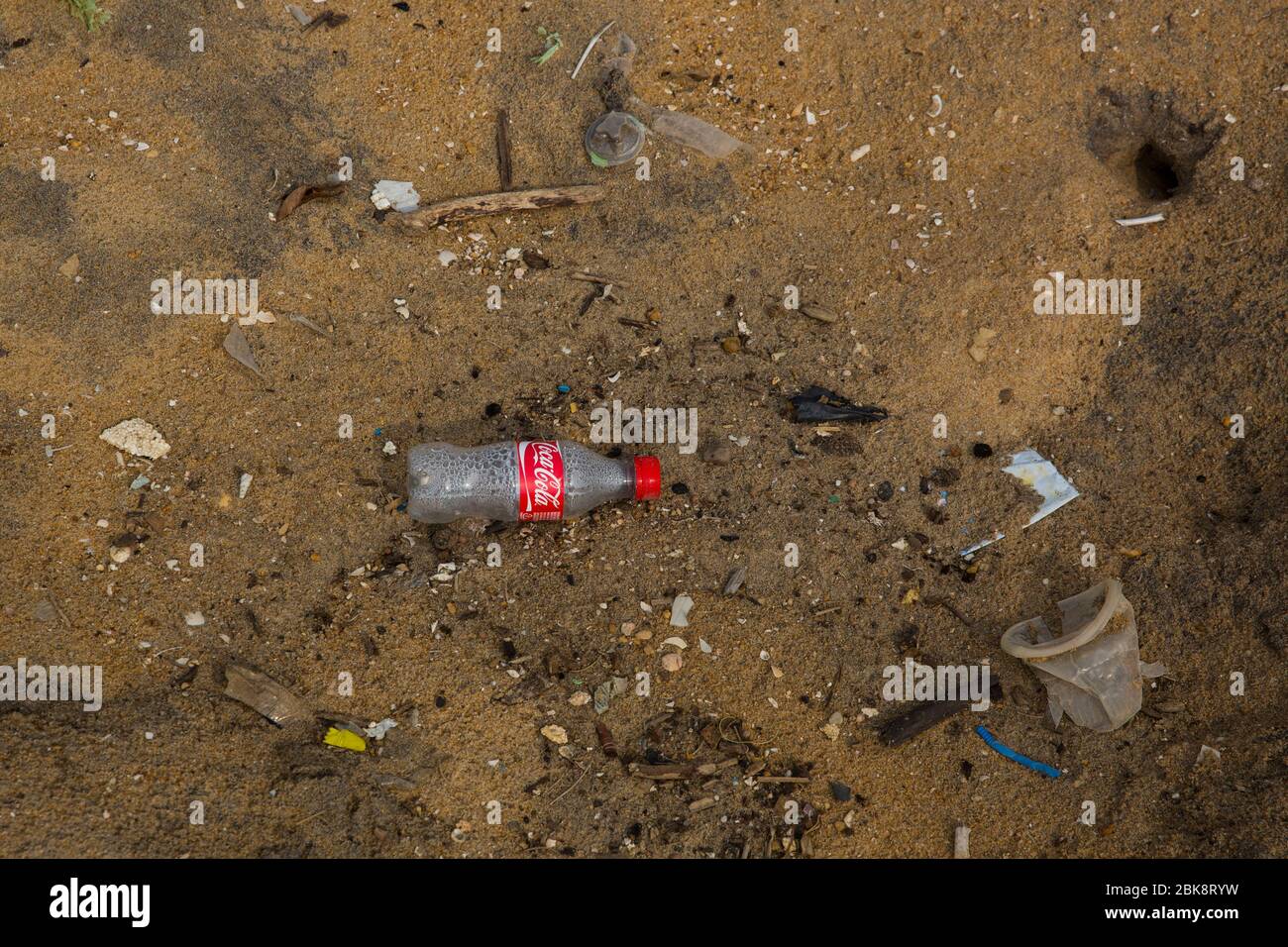 Plastic pollution on the sea beach at Colombo in Sri Lanka Stock Photo
