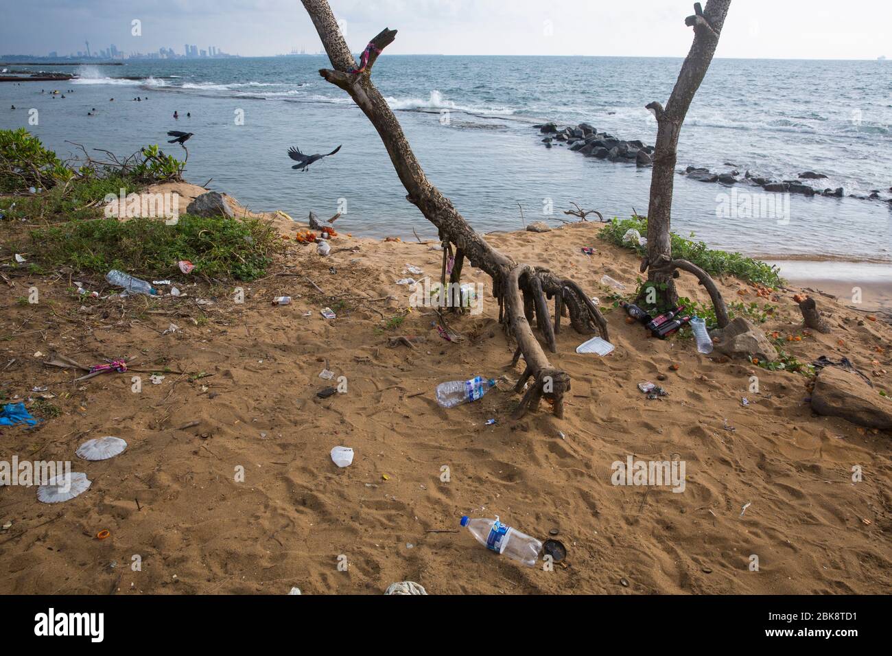Plastic pollution on the sea beach at Colombo in Sri Lanka Stock Photo