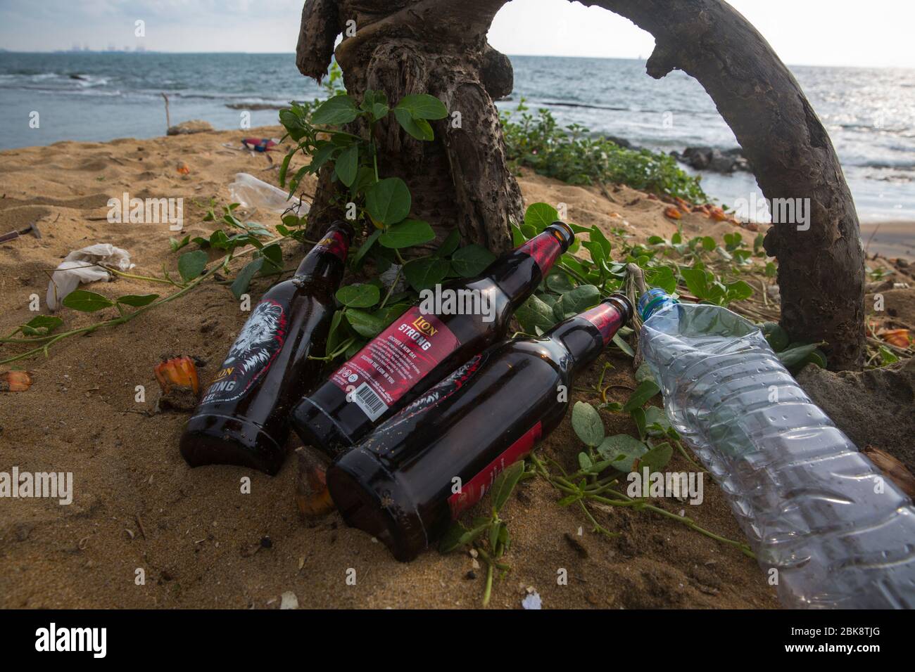 Plastic pollution on the sea beach at Colombo in Sri Lanka Stock Photo