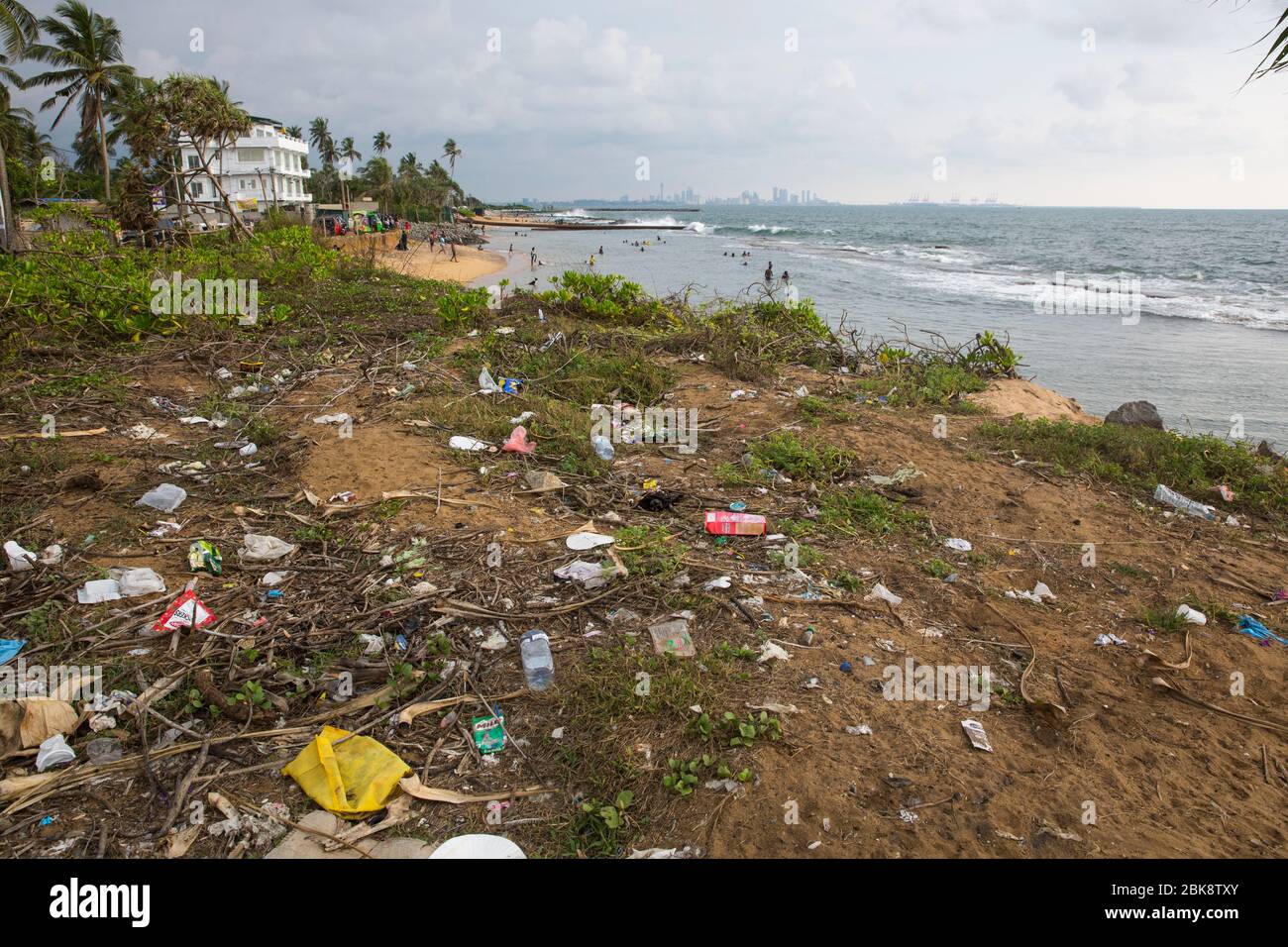 Plastic pollution on the sea beach at Colombo in Sri Lanka Stock Photo