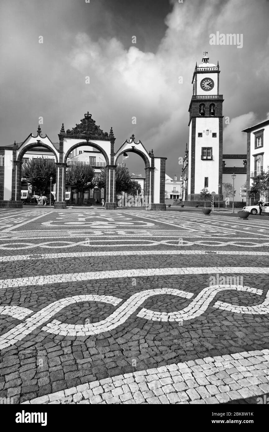 Mosaic in Goncalo Velho Cabral Square, Ponta Delgada City, Sao Miguel Island, Azores, Portugal, Europe Stock Photo