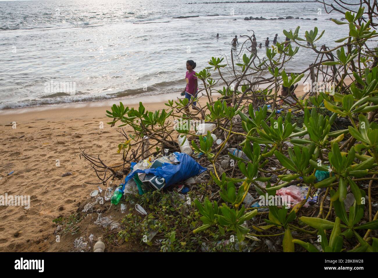 Plastic pollution on the sea beach at Colombo in Sri Lanka Stock Photo