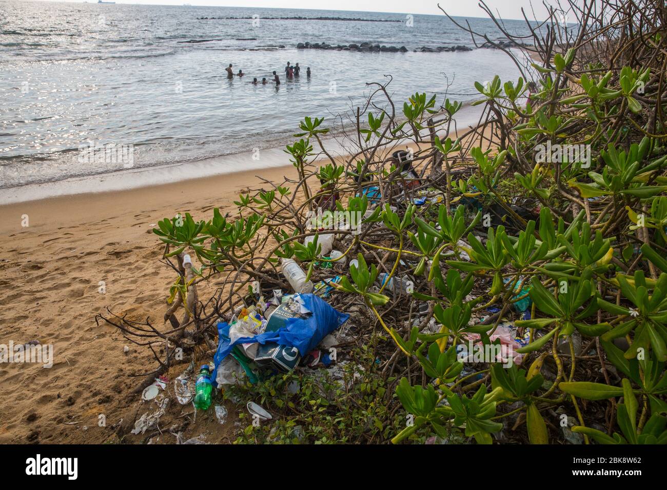 Plastic pollution on the sea beach at Colombo in Sri Lanka Stock Photo