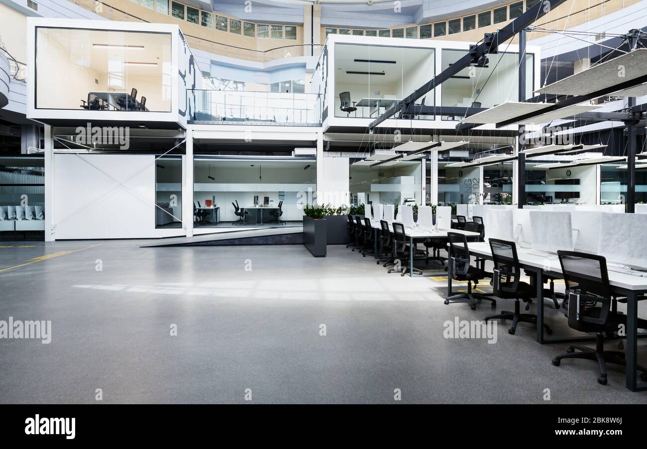 View of Big rental open space with wrapped computers, no workers Stock Photo ...