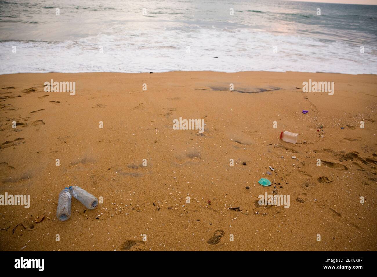 Plastic pollution on the sea beach at Colombo in Sri Lanka Stock Photo