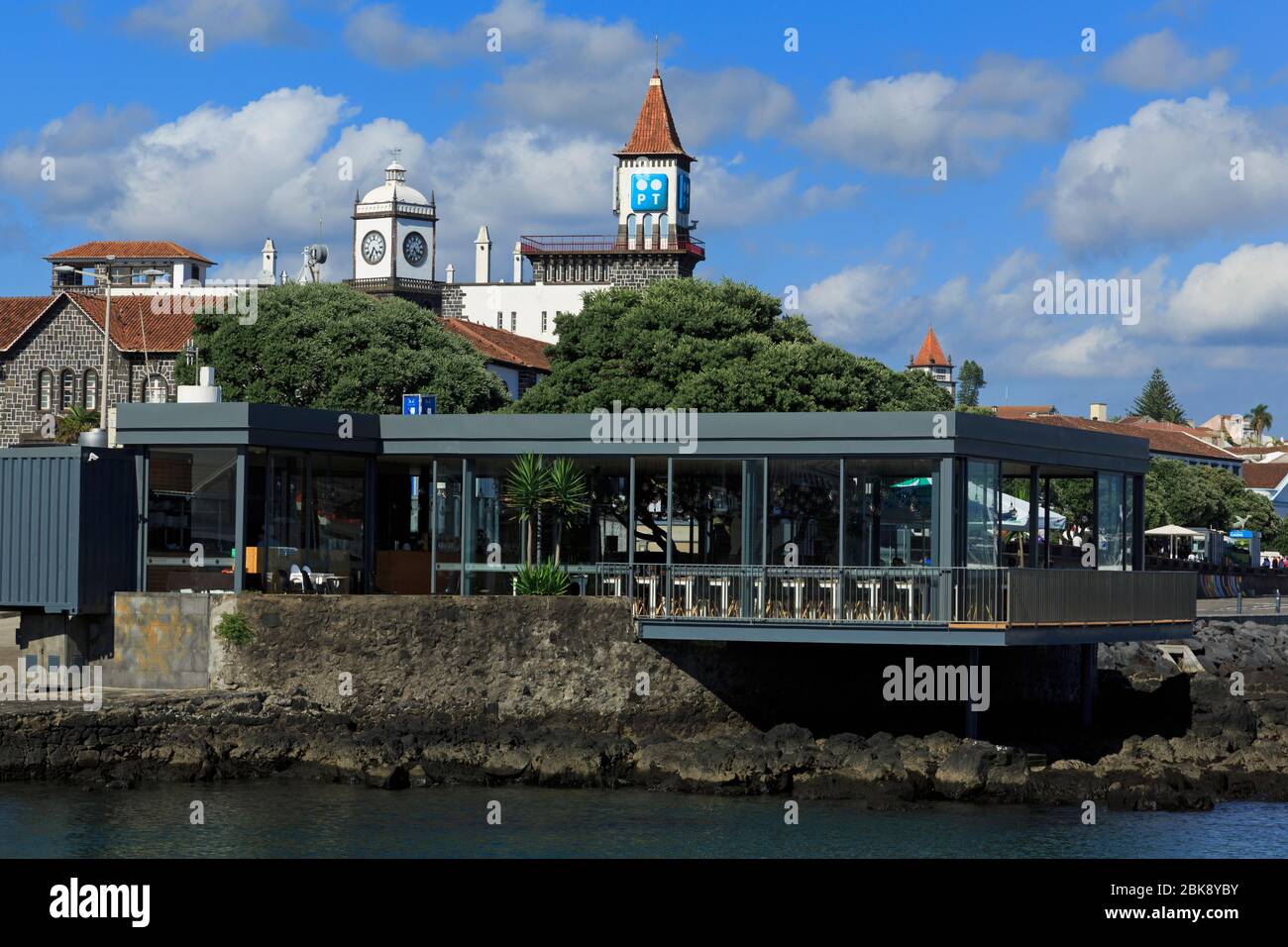 Waterfront restaurant, Ponta Delgada City, Sao Miguel Island, Azores, Portugal, Europe Stock