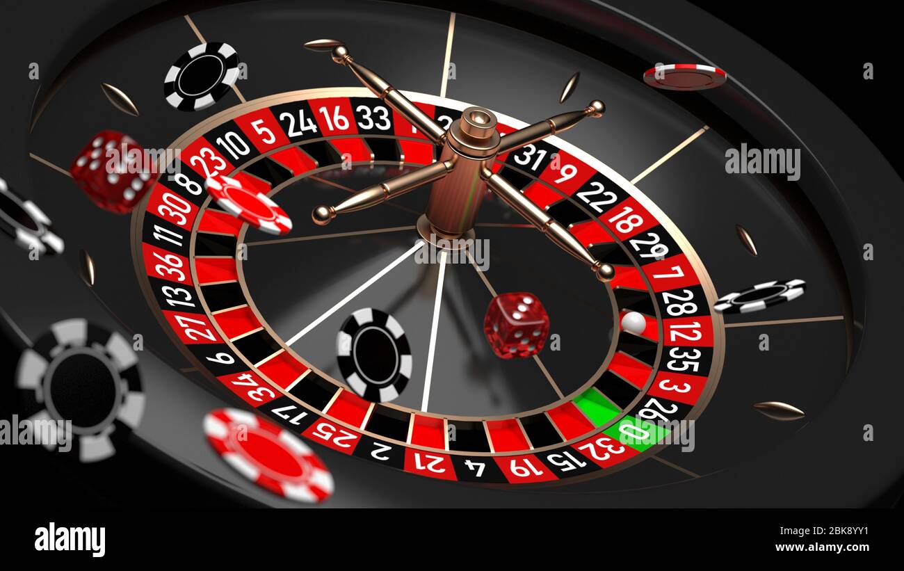Roulette wheel with flying casino chips and dice Stock Photo