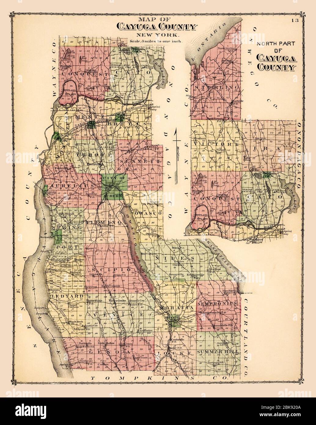Cayuga County, New York, 1829 historic map restoration. Stock Photo
