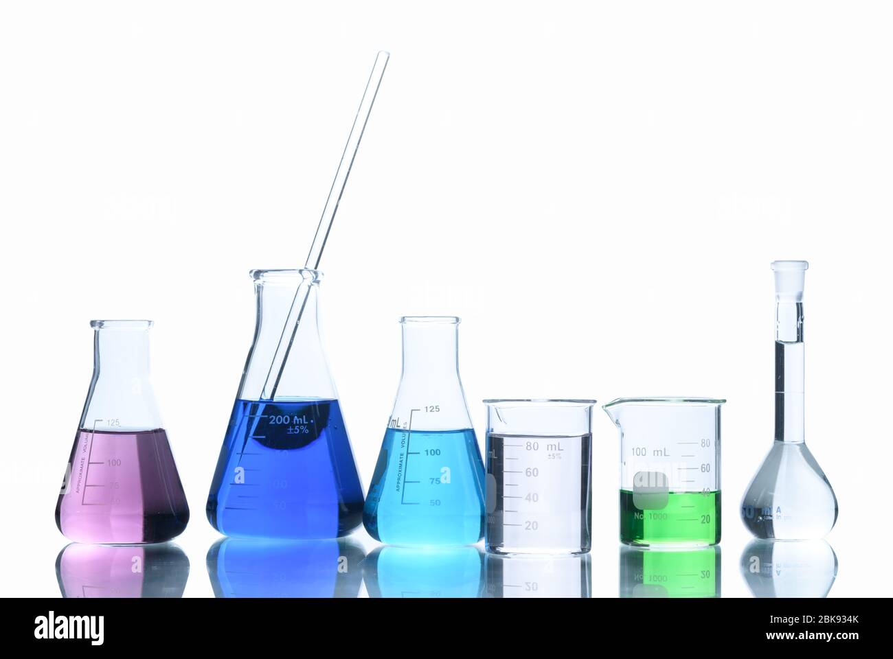 Laboratory glassware with liquids of different colors, Flasks and