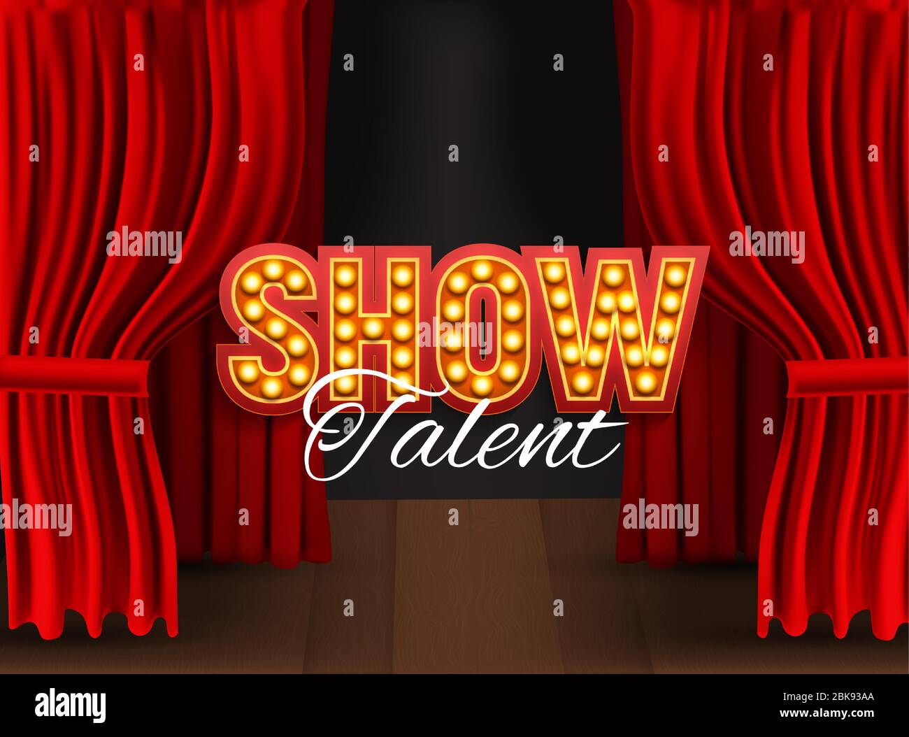 Realistic Show announcement board with bulb frame on curtains