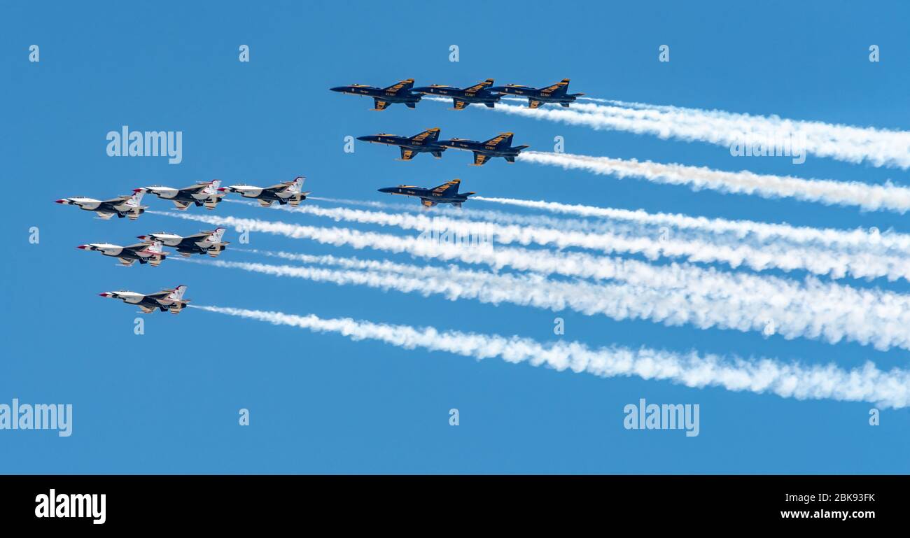 Atlanta, USA. 2nd May, 2020. The Blue Angels and the Thunderbirds in high-speed precicion formation perform in a flyover to salute frontline COVID-19 responders in Atlanta, Georgia. Credit: Steve Allen/Allen Creative/Alamy Live News. Stock Photo