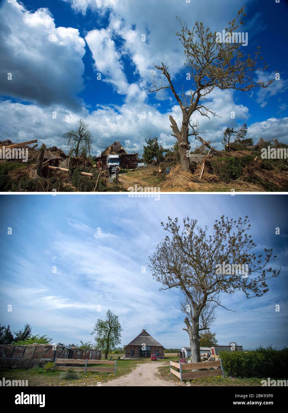 29 April 2020, Mecklenburg-Western Pomerania, Bützow: KOMBO - The thatched  roof farmhouse of the Götze family in Rühn, completely destroyed by the  tornado, taken on 06.05.2015 (above) and after reconstruction on 29.04.2020.
