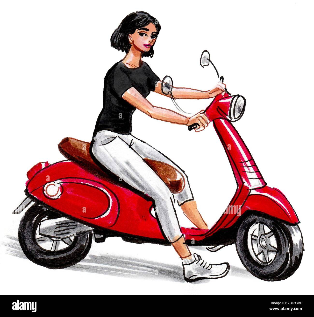 Pretty girl riding red vintage scooter. Ink and watercolor drawing Stock  Photo - Alamy
