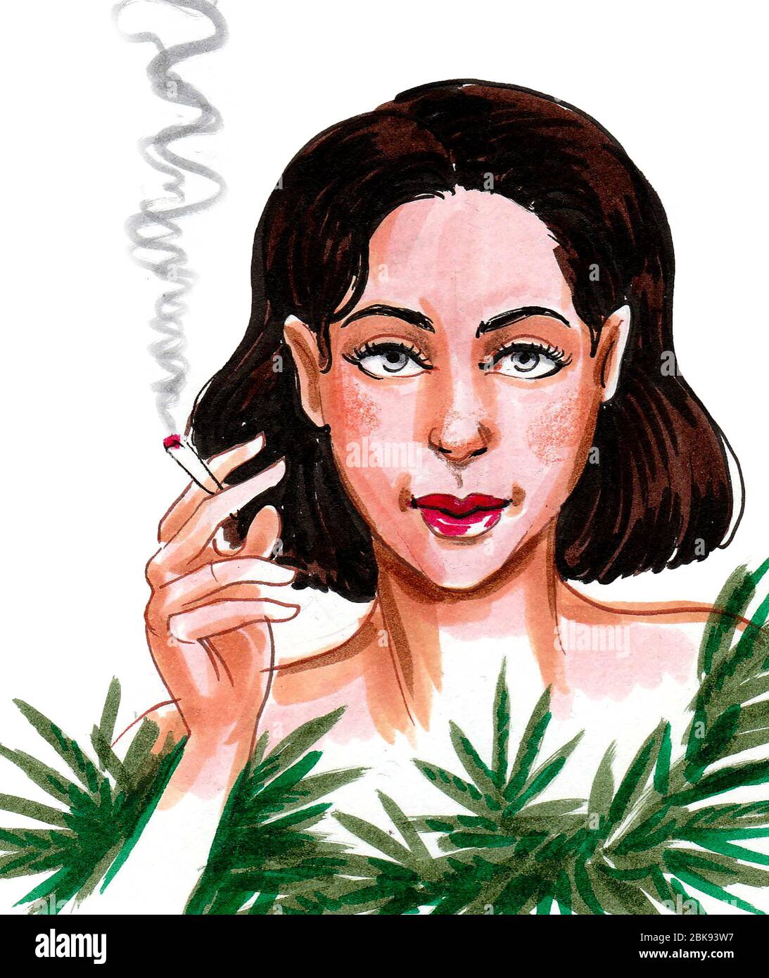 Pretty woman smoking marijuana joint. Ink and watercolor drawing Stock