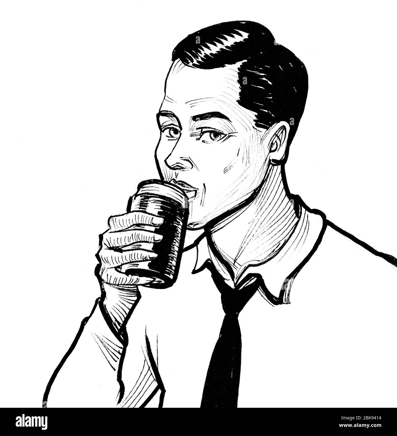 Young man drinking beer from the can. Ink black and white drawing Stock Photo