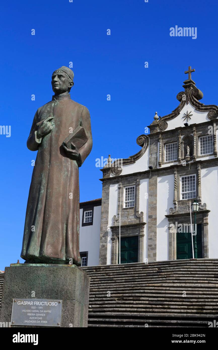 Gaspar Fructuoso Statue & Main Church, Cascata Square, Ribeira Grande, Sao Miguel Island, Azores, Portugal, Europe Stock Photo
